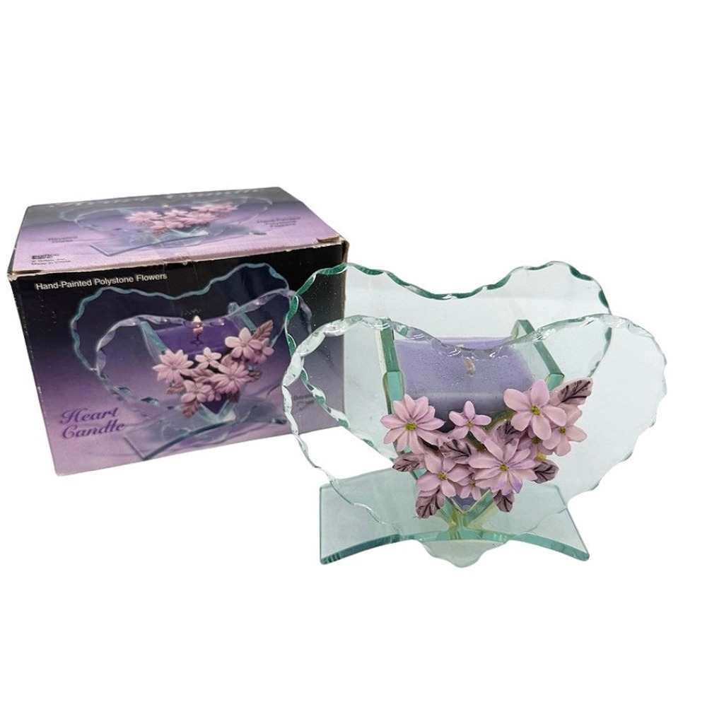 Giftco Heart Candle Beveled Glass Holder Polystone Flowers Purple Decor Gift